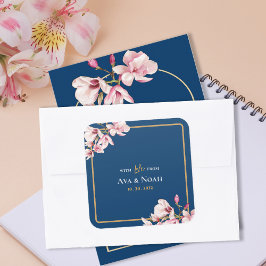 Elegant Navy Blush Pink Magnolia Floral Wedding スクエアシール