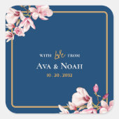 Elegant Navy Blush Pink Magnolia Floral Wedding スクエアシール (正面)