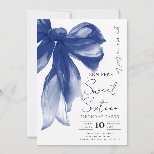Elegant Navy Bow Coquette Script Sweet 16 Party  招待状 (正面)