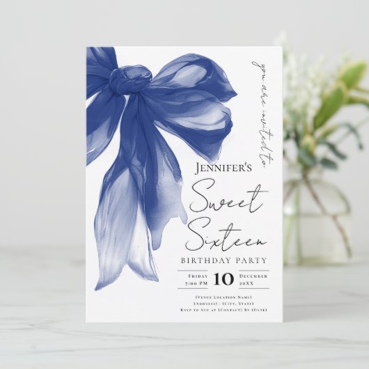 Elegant Navy Bow Coquette Script Sweet 16 Party  招待状 (スタンド正面)