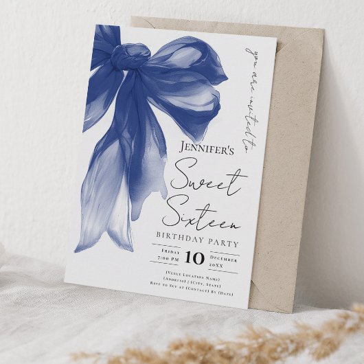 Elegant Navy Bow Coquette Script Sweet 16 Party  招待状