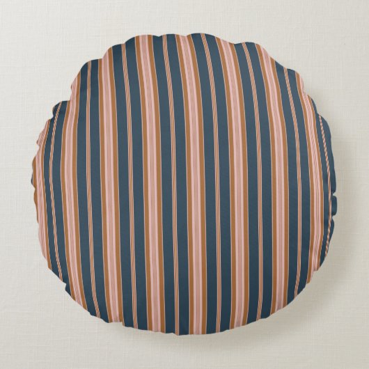 Elegant Navy Brown Pink Ticking Stripe ラウンドクッション (正面)