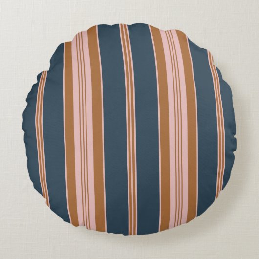 Elegant Navy Brown Pink Ticking Stripe ラウンドクッション (正面)