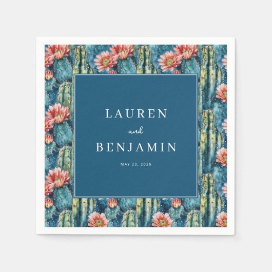 Elegant Navy Cactus Floral スタンダードカクテルナプキン (正面)