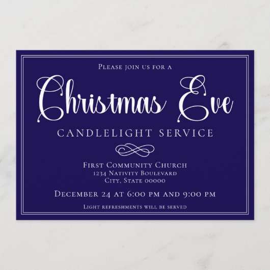 Elegant Navy Christmas Eve Candlelight Service 招待状 (正面)
