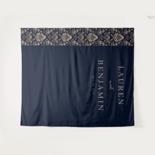 Elegant Navy Damask タペストリー (正面(横))