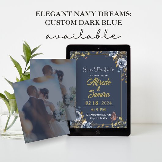 Elegant Navy Dreams: Custom Dark Blue With Photo 招待状