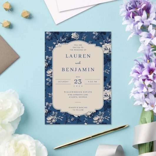 Elegant Navy Floral アクリル招待状 (インサイチュ (ウェディング))