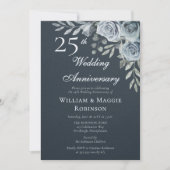 Elegant Navy Floral 25th Wedding Anniversary 招待状 (正面)