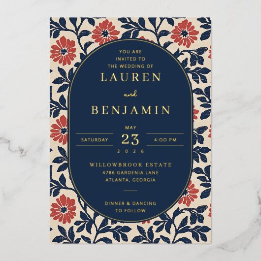Elegant Navy Floral Border 箔招待状 (正面)