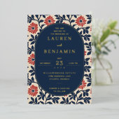 Elegant Navy Floral Border 箔招待状 (立ち正面)