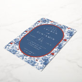 Elegant Navy Floral Border 箔招待状 (回転した状態)