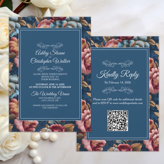 Elegant Navy Floral Teal RSVP QR code Wedding 招待状