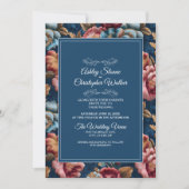 Elegant Navy Floral Teal RSVP QR code Wedding 招待状 (正面)