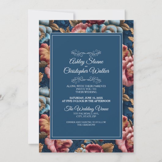 Elegant Navy Floral Teal RSVP QR code Wedding 招待状 (正面)
