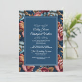 Elegant Navy Floral Teal RSVP QR code Wedding 招待状 (スタンド正面)