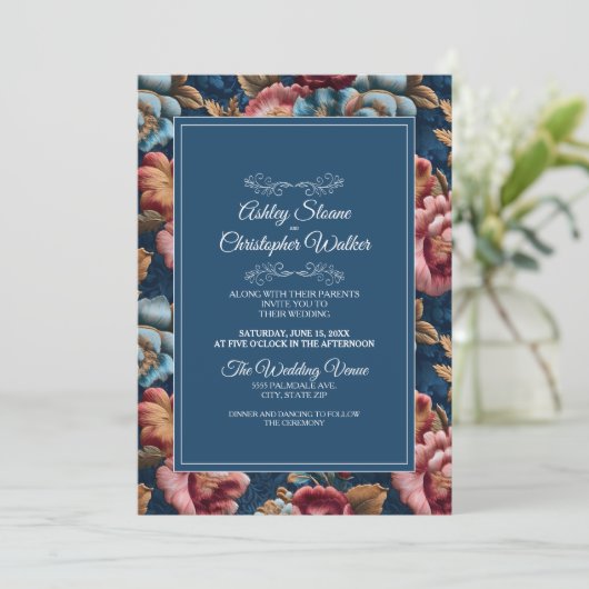 Elegant Navy Floral Teal RSVP QR code Wedding 招待状 (スタンド正面)