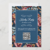 Elegant Navy Floral Teal RSVP QR code Wedding 招待状 (裏面)