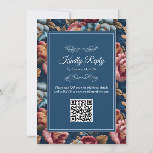 Elegant Navy Floral Teal RSVP QR code Wedding 招待状 (裏面)