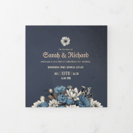 Elegant Navy Floral Tri Fold Invite 三つ折り招待状