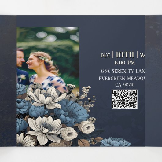 Elegant Navy Floral Tri Fold Invite 三つ折り招待状 (内部中)