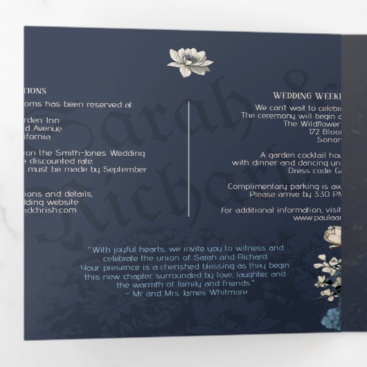 Elegant Navy Floral Tri Fold Invite 三つ折り招待状 (内部最初)