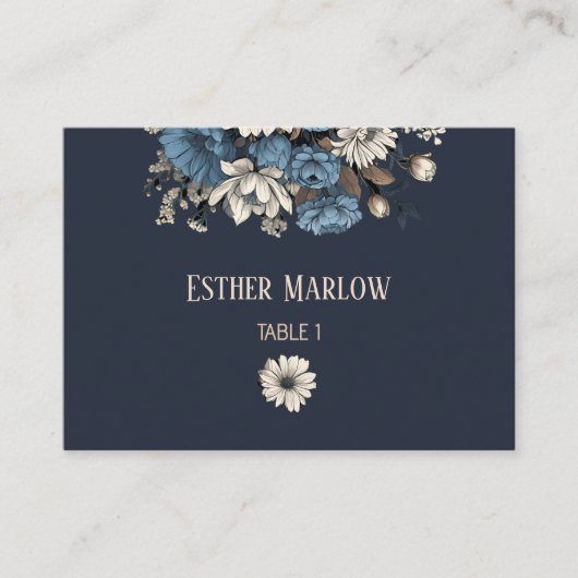 Elegant Navy Floral Wedding  プレイスカード (正面)