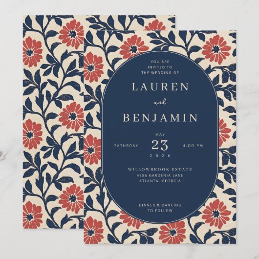 Elegant Navy Floral Wedding Invitation 招待状 (正面/裏面)