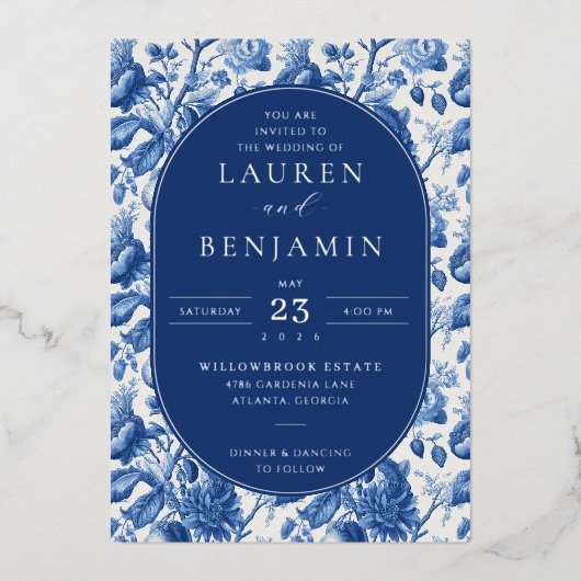 Elegant Navy Floral Wedding Invitation 箔招待状 (正面)
