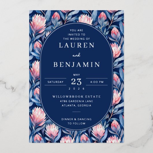 Elegant Navy Floral Wedding Invitation 箔招待状 (正面)