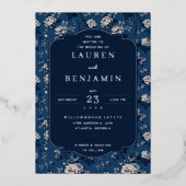 Elegant Navy Floral Wedding Invitation 箔招待状 (正面)
