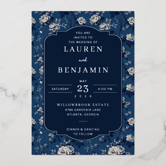 Elegant Navy Floral Wedding Invitation 箔招待状 (正面)