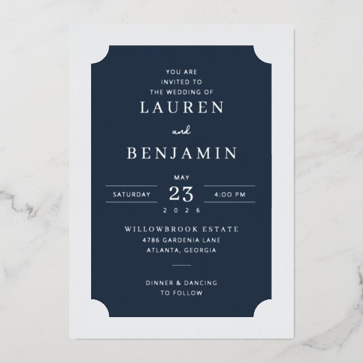 Elegant Navy Formal Wedding 箔招待状 (正面)