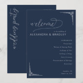 Elegant Navy Geometric Wedding Ceremony Schedule プログラム (正面/裏面)