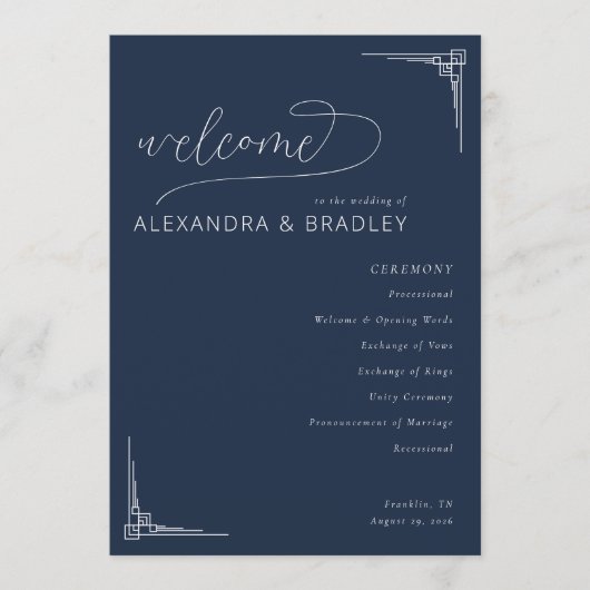 Elegant Navy Geometric Wedding Ceremony Schedule プログラム (正面)