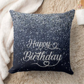 Elegant Navy Glitter Happy Birthday Throw Pillow クッション (ブランケット)