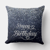 Elegant Navy Glitter Happy Birthday Throw Pillow クッション (正面)