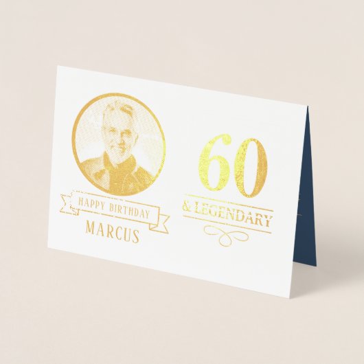 Elegant Navy & Gold 60th & Legendary Birthday 箔カード (正面)