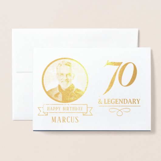 Elegant Navy & Gold 70th & Legendary Birthday 箔カード (封筒付き正面)