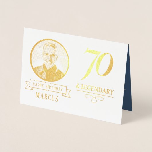 Elegant Navy & Gold 70th & Legendary Birthday 箔カード (正面)