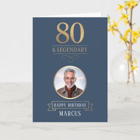 Elegant Navy & Gold 80th & Legendary Birthday カード (黄色い花)