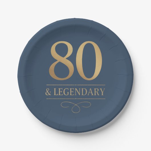 Elegant Navy & Gold 80th & Legendary Birthday ペーパープレート (正面)