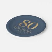 Elegant Navy & Gold 80th & Legendary Birthday ペーパープレート (アングル)