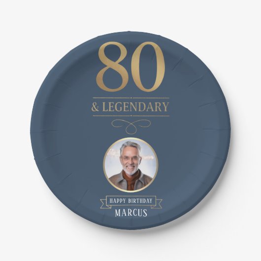 Elegant Navy & Gold 80th & Legendary Birthday ペーパープレート (正面)