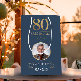 Elegant Navy & Gold 80th & Legendary Birthday ミディアムペーパーバッグ