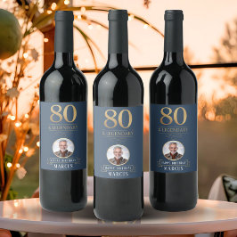 Elegant Navy & Gold 80th & Legendary Birthday ワインラベル