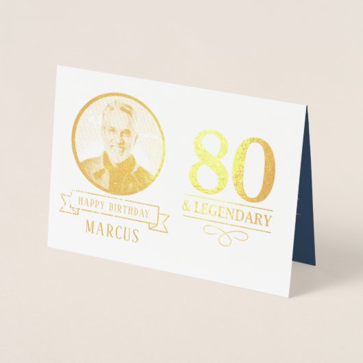 Elegant Navy & Gold 80th & Legendary Birthday 箔カード (正面)