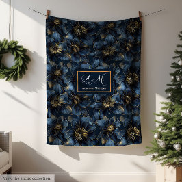 Elegant Navy Gold Blanket Custom Name Floral Art フリースブランケット