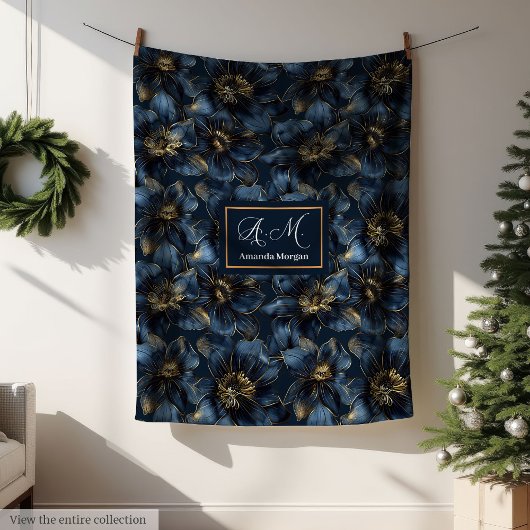 Elegant Navy Gold Blanket Custom Name Floral Art フリースブランケット