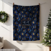 Elegant Navy Gold Blanket Custom Name Floral Art フリースブランケット